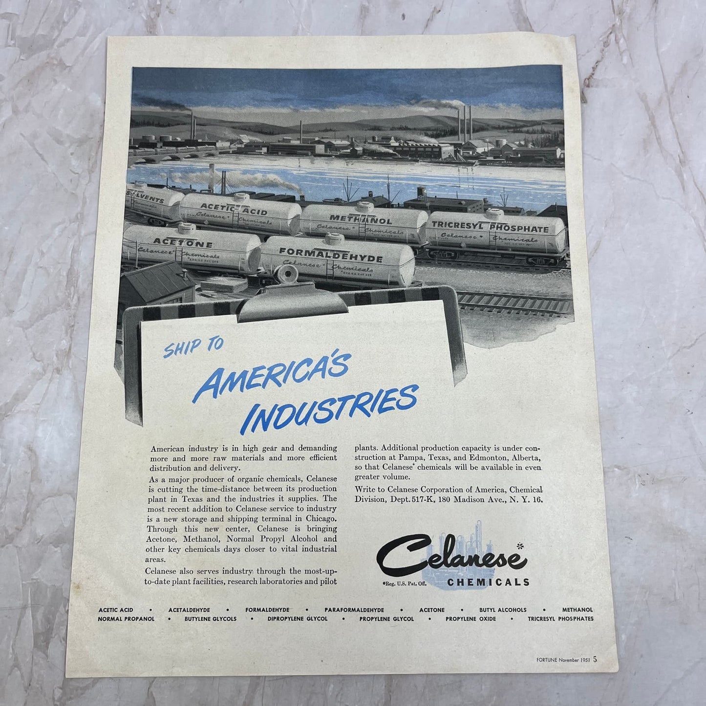 Celanese Chemicals Ship to America's Industries 1951 Magazine Ad FL6-10