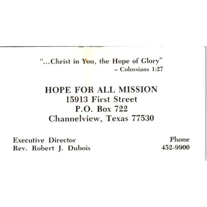 Rev Robert J. Dubois Hope for All Mission Channelview TX Business Card SD8-B4
