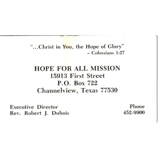 Rev Robert J. Dubois Hope for All Mission Channelview TX Business Card SD8-B4