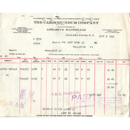 1913 The Carborundum Company Abrasives Niagara Falls NY Billhead Letterhead D17