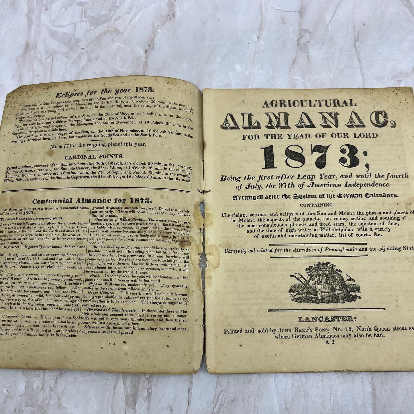 1873 Agricultural Almanac Lancaster PA John Baer’s Sons TF5