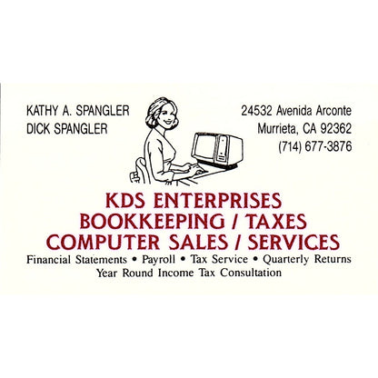 Kathy & Dick Spangler KDS Enterprises Bookkeeping Murrieta Business Card SC9-B10