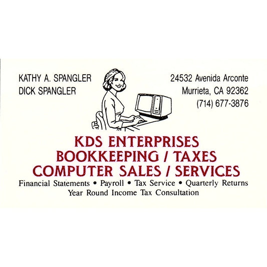 Kathy & Dick Spangler KDS Enterprises Bookkeeping Murrieta Business Card SC9-B10