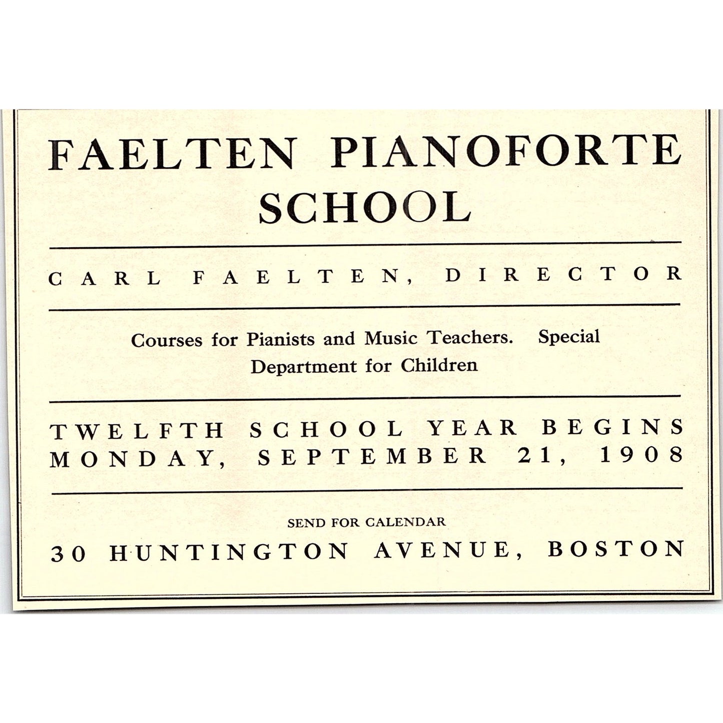 Carl Faelten Pianoforte School Boston - 1908 Ad AF5-4