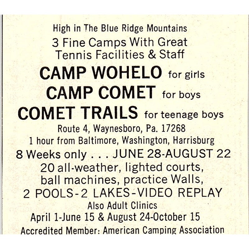 Camp Wohelo Camp Comet Comet Trails Tennis Camps 1977 Ad AF3-Q3