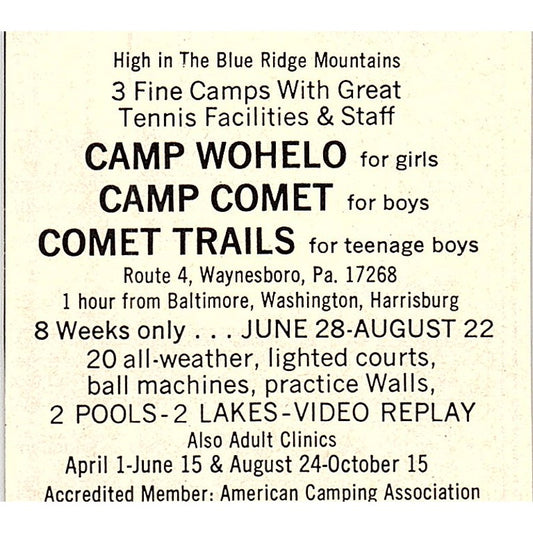 Camp Wohelo Camp Comet Comet Trails Tennis Camps 1977 Ad AF3-Q3