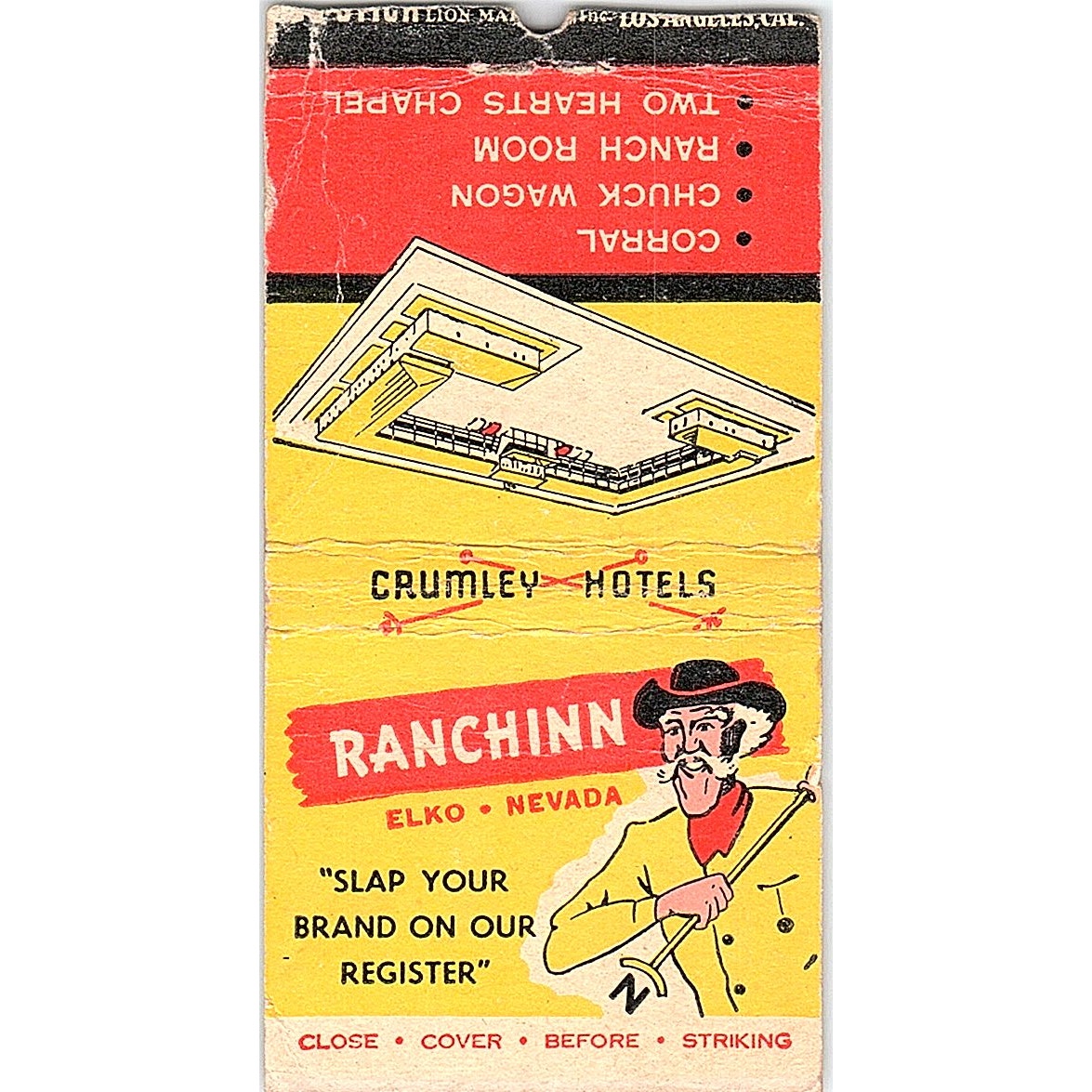 Ranchin Crumley Commercial Hotel Elko NV Vintage Matchbook Cover TH2-Y4