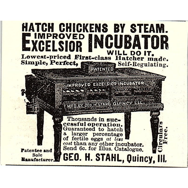 Geo. H. Stahl Excelsior Incubator Quincy IL 1892 Ad AG2-S26