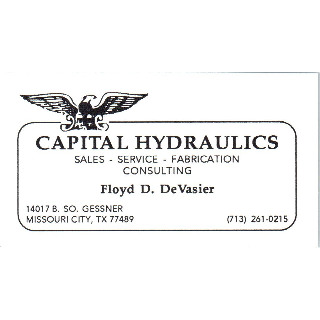 Capital Hydraulics Floyd D. DeVasier Missouri City TX Vtg Business Card SD8-B18