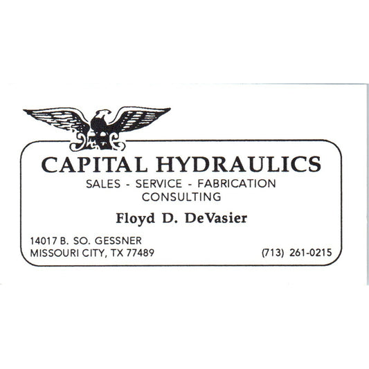 Capital Hydraulics Floyd D. DeVasier Missouri City TX Vtg Business Card SD8-B18