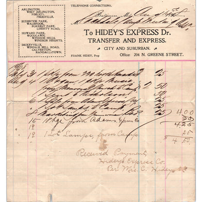 1908 Frank Hidey's Express Dr. Transfer & Express Billhead Baltimore MD AE5-H1