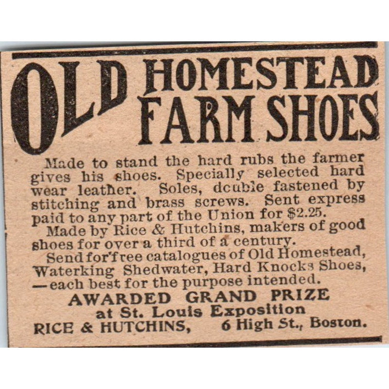 Old Homestead Farm Shoes Grand Prize St. Louis Exposition 1905 Ad AF1-NH3
