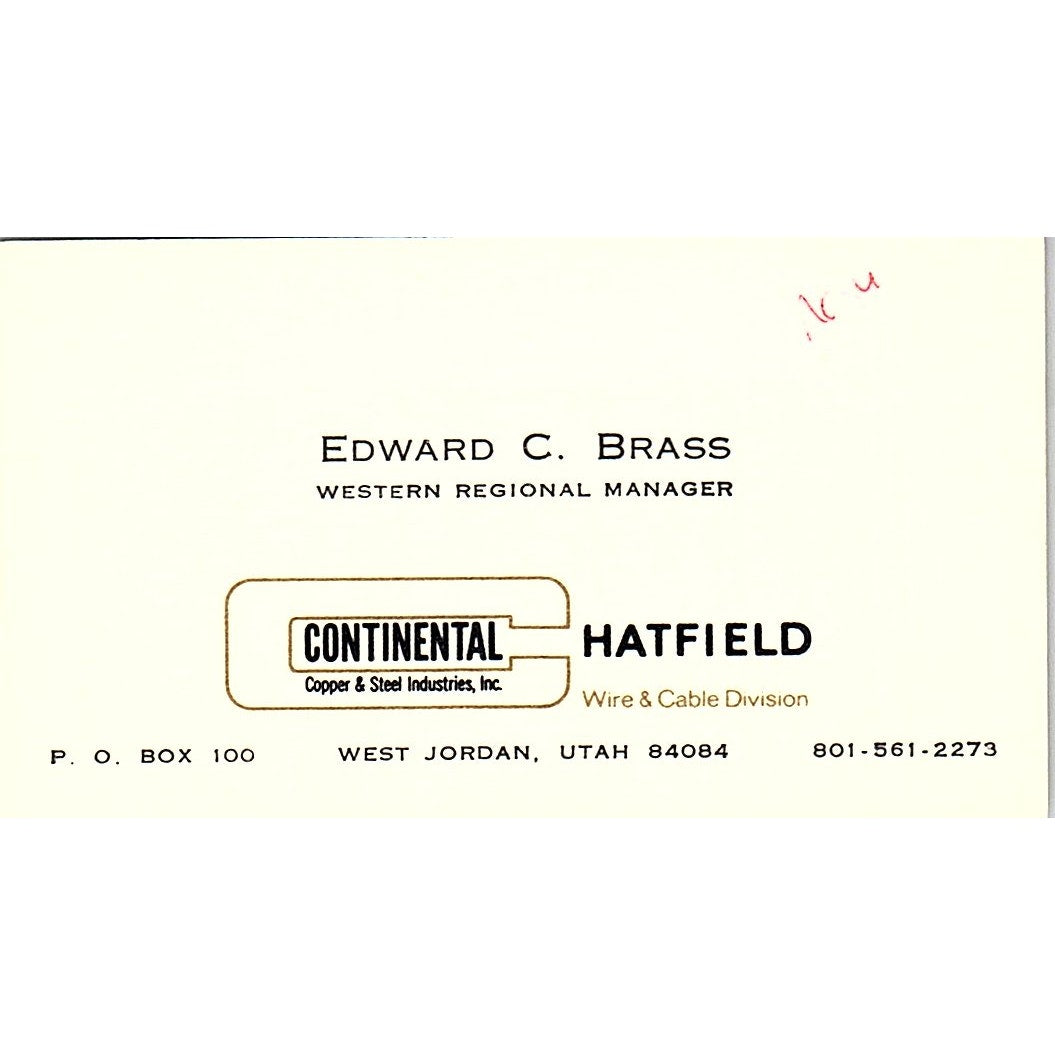 Edward C Brass Continental Hatfield West Jordan UT Vintage Business Card SC9-B12