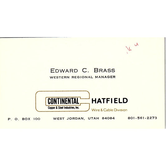 Edward C Brass Continental Hatfield West Jordan UT Vintage Business Card SC9-B12