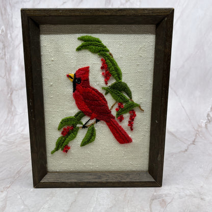 Vintage Red Cardinal Bird Mid Century Embroidery Handmade Wall Art 6x8" Ti5