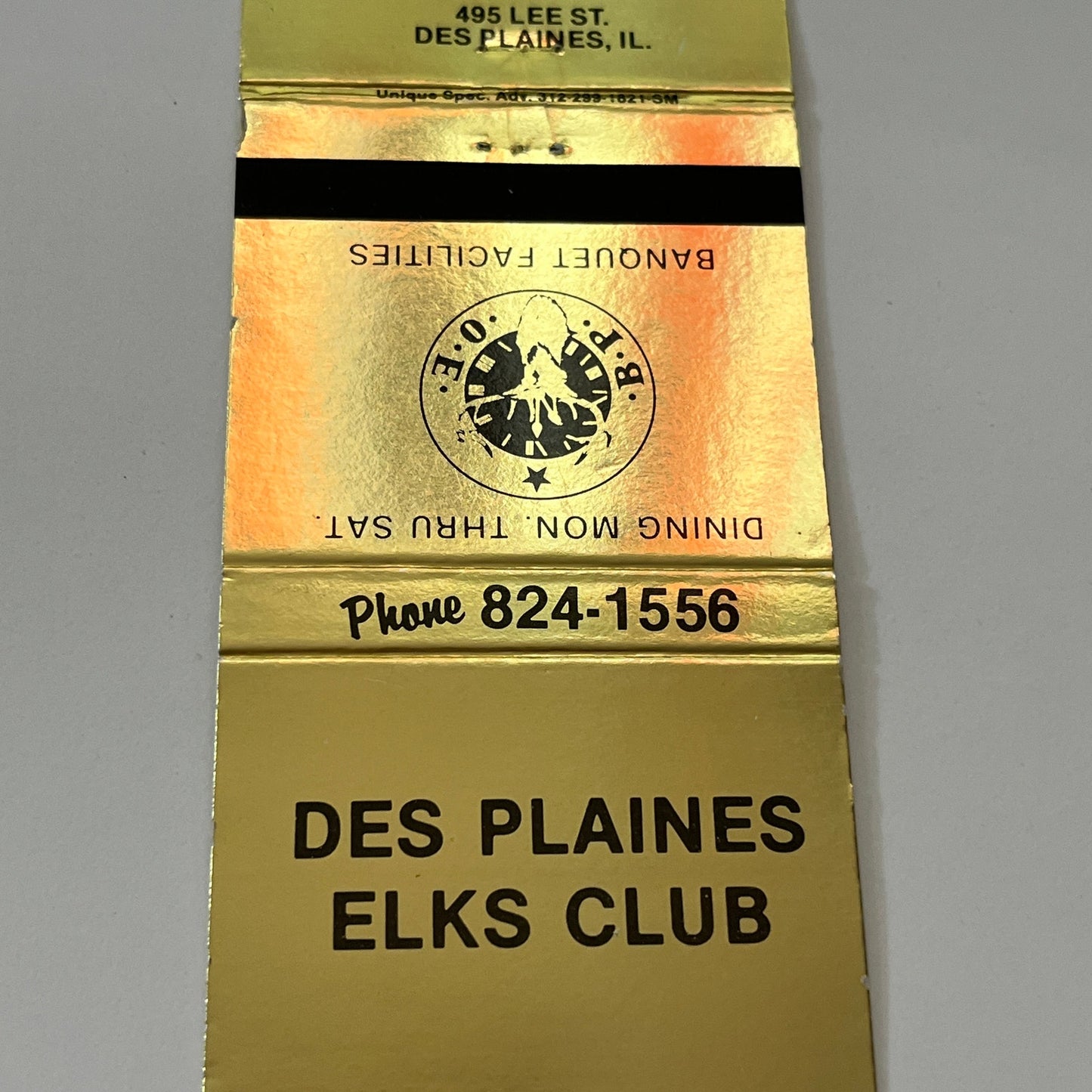 BPOE Des Plaines Elks Club IL Vintage Matchbook Cover TB6-MB1-14