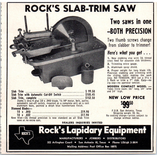 Rock's Lapidary Equipment Slab Trim Saw San Antonio TX 1964 Magazine Ad AB6-LL1