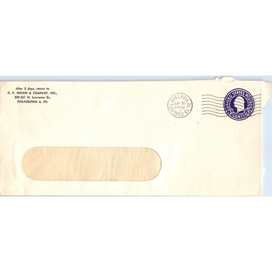 1950 D.P. Brown & Company Inc Philadelphia PA Postal Cover Envelope TH9-L1