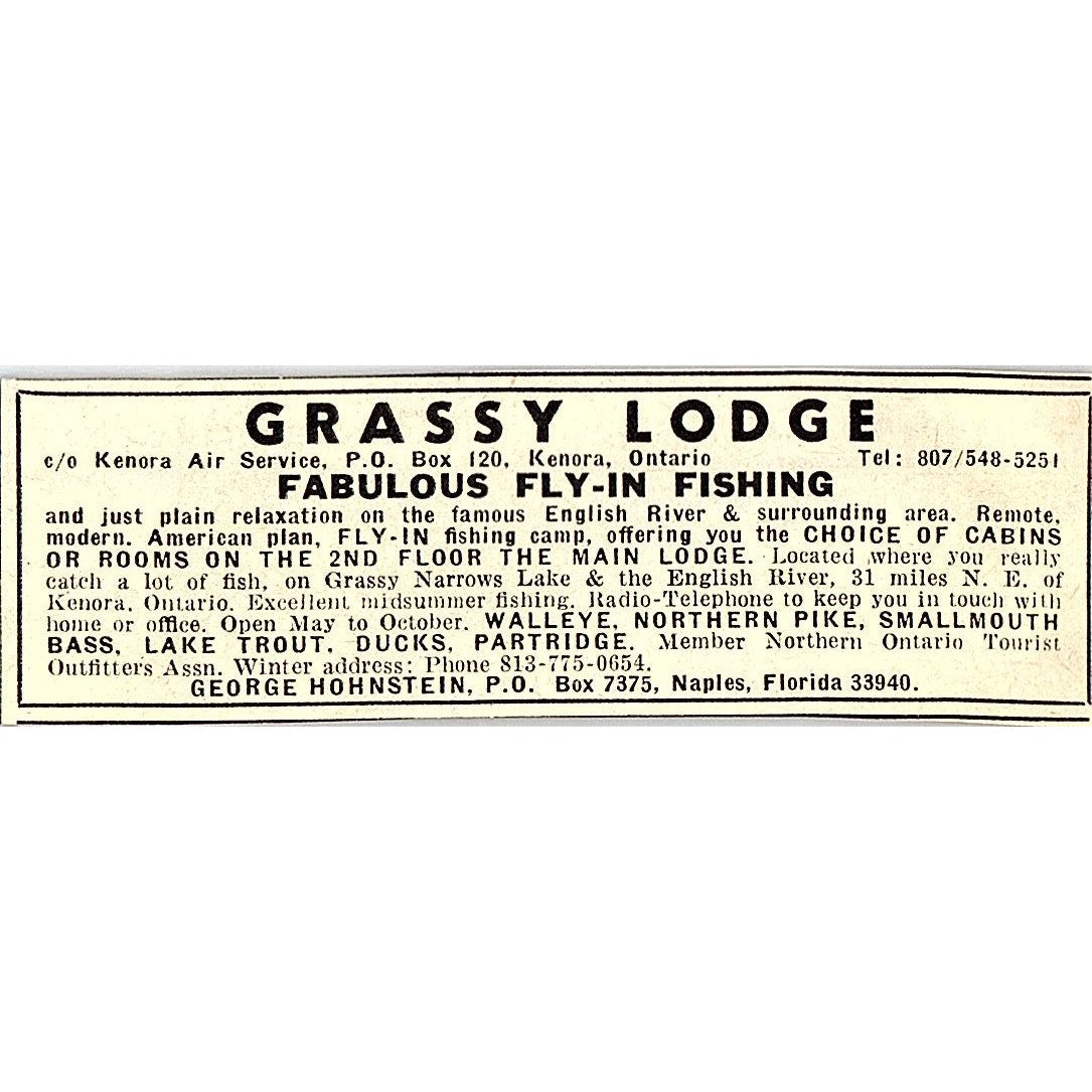 Grassy Lodge Fly-In Fishing Kenora OT George Hohnstein Naples FL 1977 Ad AF6-M1