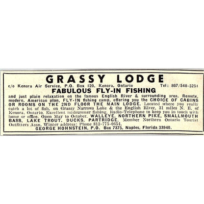 Grassy Lodge Fly-In Fishing Kenora OT George Hohnstein Naples FL 1977 Ad AF6-M1