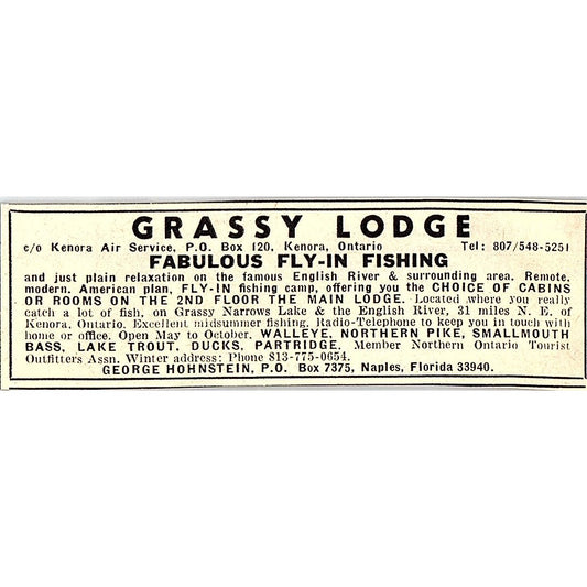 Grassy Lodge Fly-In Fishing Kenora OT George Hohnstein Naples FL 1977 Ad AF6-M1