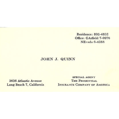 The Prudential Insurance Company John J Quinn Long Beach CA Business Card SB4-B3