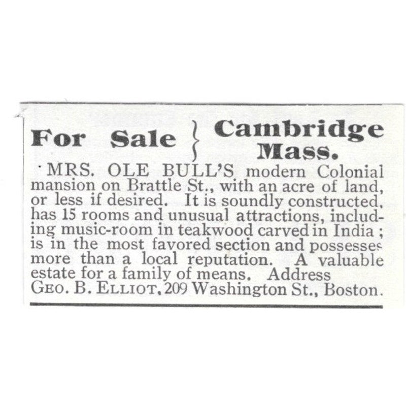 Mrs. Ole Bull's Modern Colonial Mansion For Sale Cambridge MA 1903 Ad AF8-S39