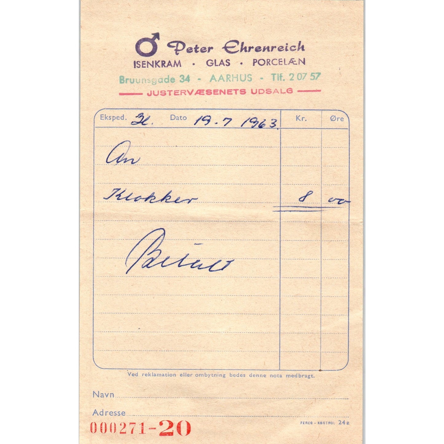 1960s Peter Ehrenreich Porcelain Aarhus Receipt Letterhead AF7-E10