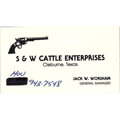 S&W Cattle Enterprises Jack W Worsham Cleburne TX Vintage Business Card SD9-B13