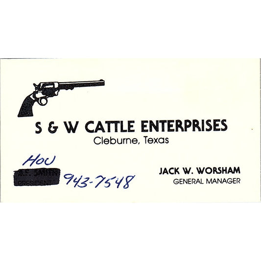 S&W Cattle Enterprises Jack W Worsham Cleburne TX Vintage Business Card SD9-B13