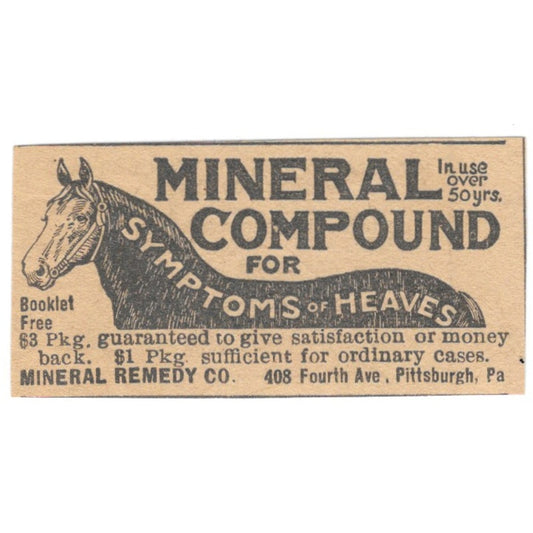 Mineral Remedy Co Horse Heaves Remedy Pittsburgh PA 1922 Magazine Ad AF2-T6