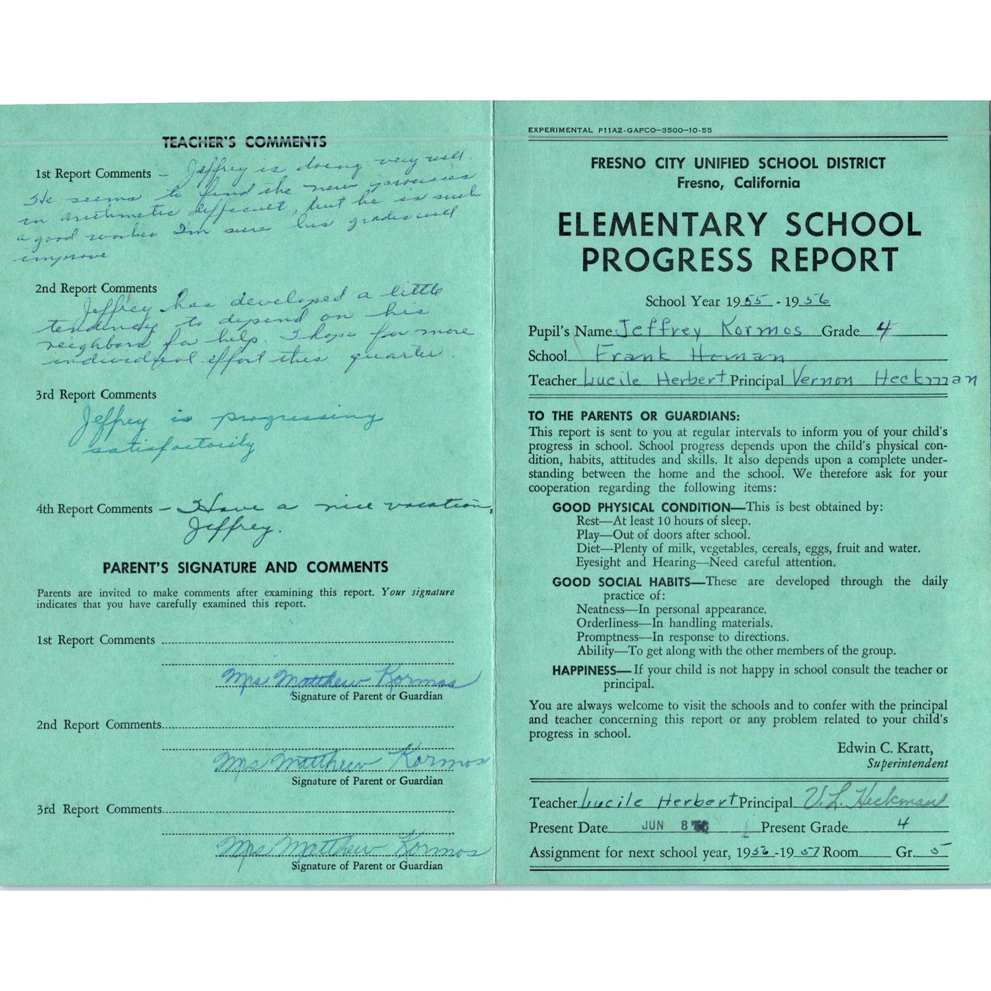 1955-56 Fresno City Schools Fresno CA Report Card Jeffrey Kormos Grade 4 AB9