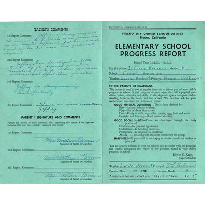 1955-56 Fresno City Schools Fresno CA Report Card Jeffrey Kormos Grade 4 AB9