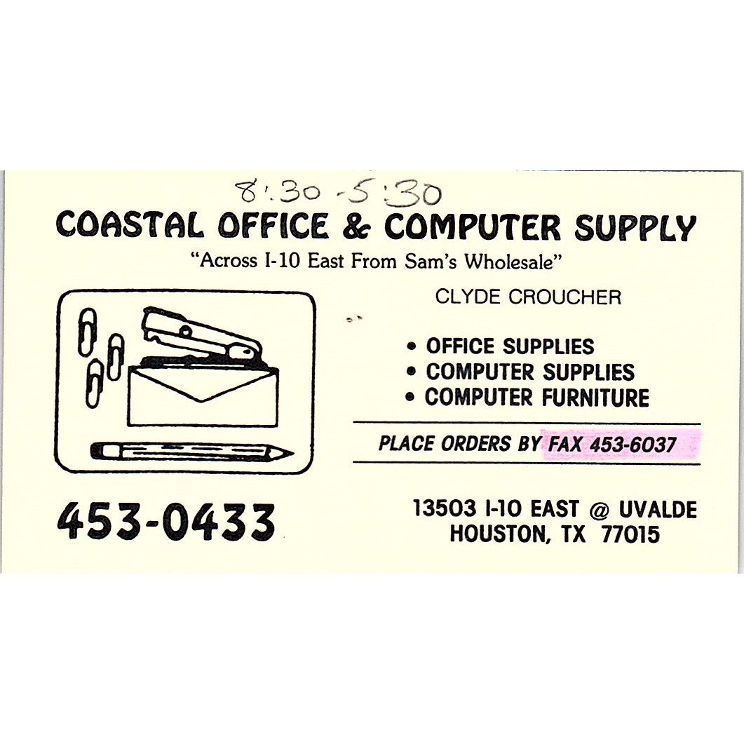 Coastal Office & Computer Supply Clyde Croucher Houston Vtg Business Card SC9-B8