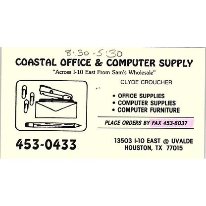 Coastal Office & Computer Supply Clyde Croucher Houston Vtg Business Card SC9-B8