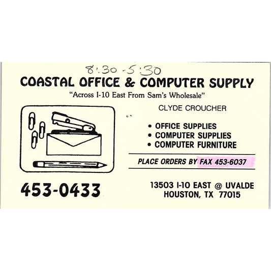 Coastal Office & Computer Supply Clyde Croucher Houston Vtg Business Card SC9-B8