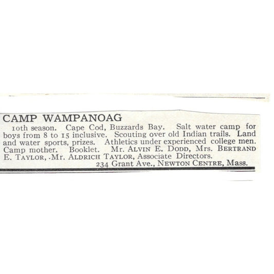 Camp Wampanoag Newton MA Mr. Alvin E. Dodd Mr. & Mrs. Taylor c1920 Ad AG4-S7