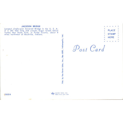 Jackson Bridge Parke County Rockville IN Vintage Covered Bridge Postcard PD1