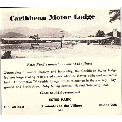 Caribbean Motor Lodge, Davista Heights Court Estes Park CO 1958 Ad AG1-H1