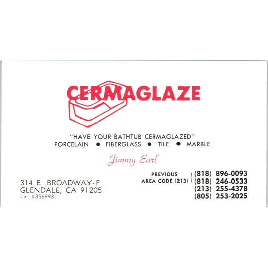 Cermaglaze Jimmy Earl Glendale CA Vintage Business Card SD8-B3