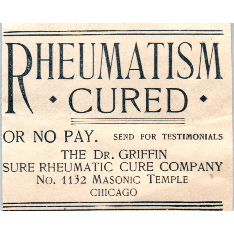 Rheumatism Cure Dr. Griffin Masonic Temple Chicago 1894 Ad AK5-H8