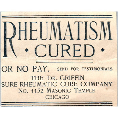 Rheumatism Cure Dr. Griffin Masonic Temple Chicago 1894 Ad AK5-H8