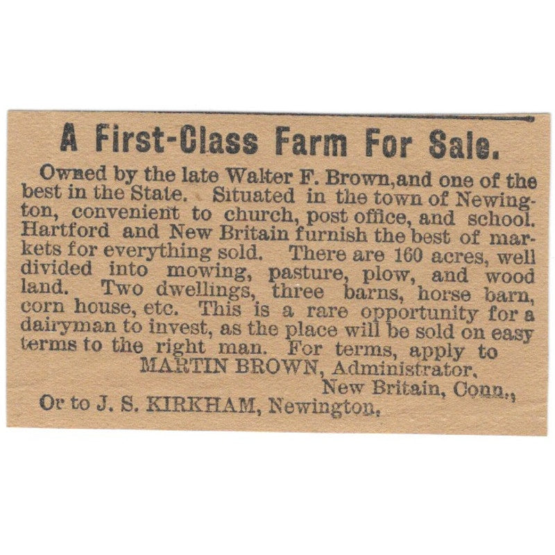 Walter F. Brown Farm Martin Brown New Britain Hartford 1886 Newspaper Ad AF7-SS7