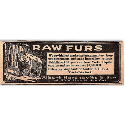 Albert Herskovits & Son Raw Furs New York 1920 Ad AG2-M2