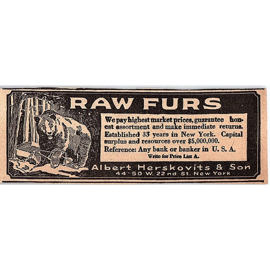 Albert Herskovits & Son Raw Furs New York 1920 Ad AG2-M2