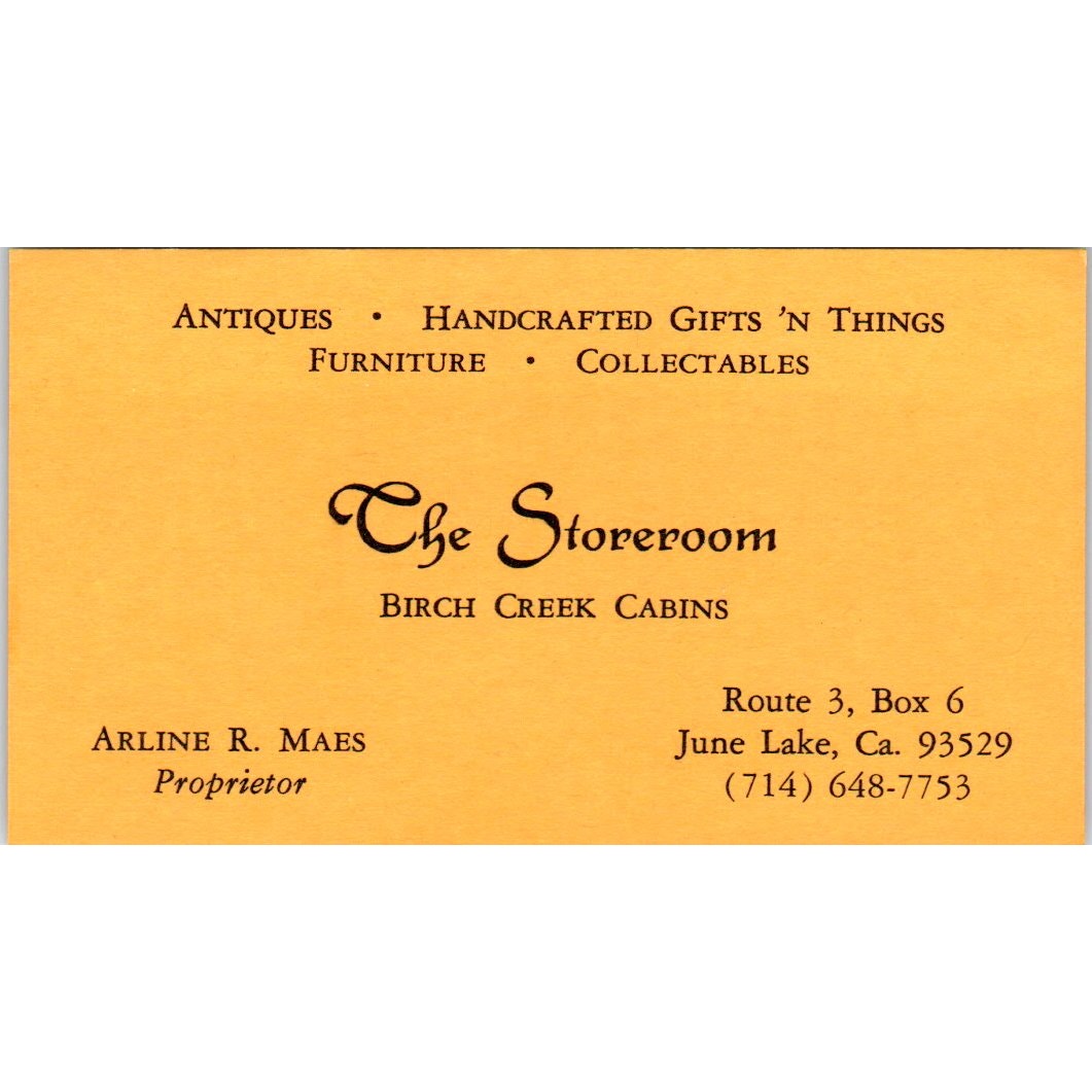 The Storeroom Birch Creek Cabins Arline R Maes June Lake CA Business Card SE3-B3