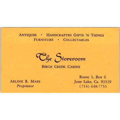 The Storeroom Birch Creek Cabins Arline R Maes June Lake CA Business Card SE3-B3