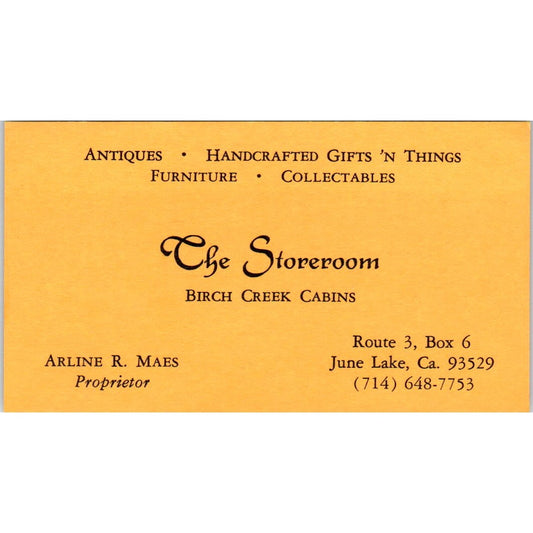 The Storeroom Birch Creek Cabins Arline R Maes June Lake CA Business Card SE3-B3