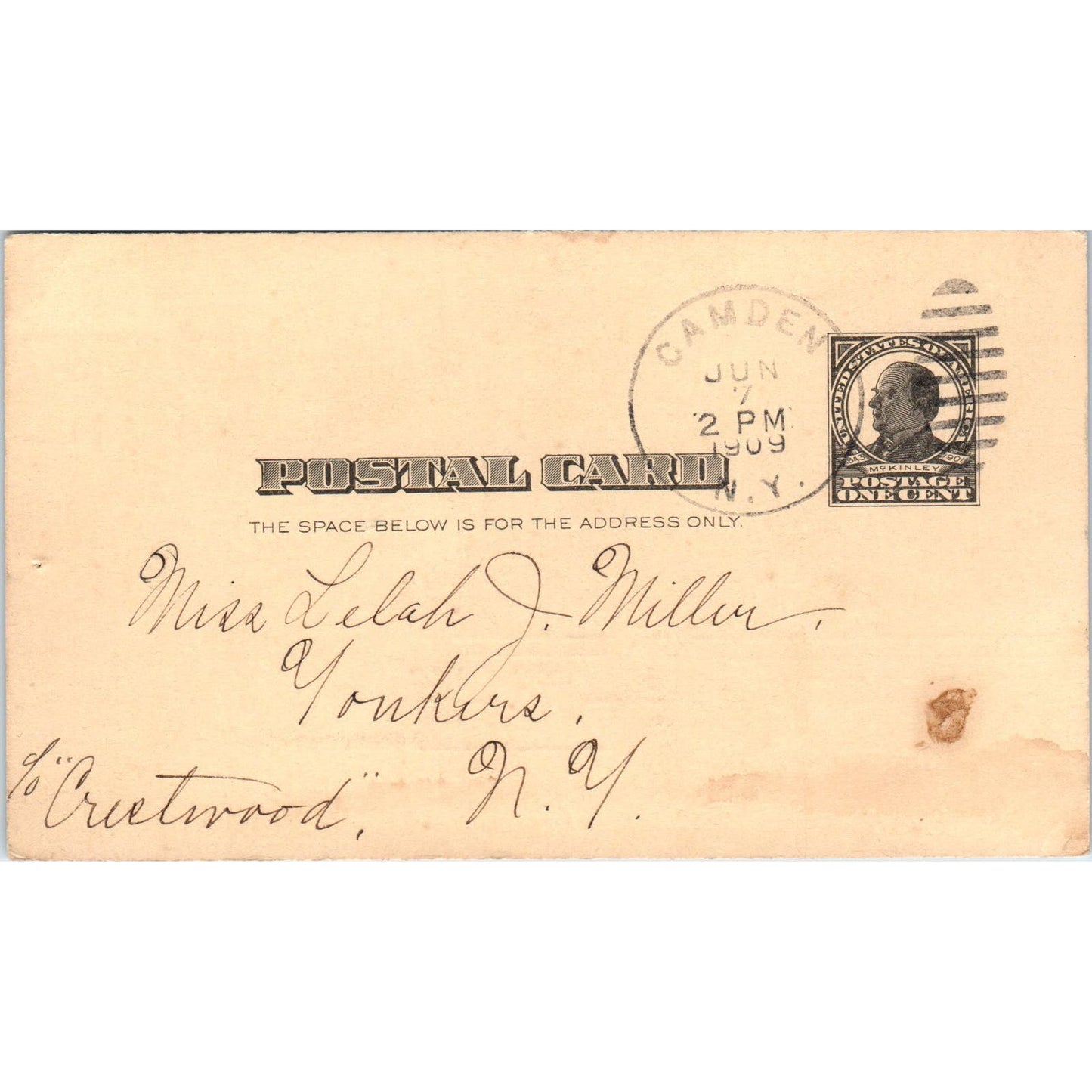 1909 Postal Mailing Card Lelah J. Miller Yonkers NY PD1