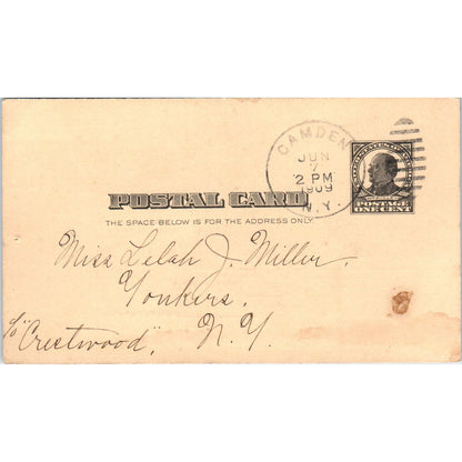 1909 Postal Mailing Card Lelah J. Miller Yonkers NY PD1